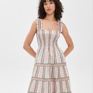 Hill House White Midi Maxi Dress with Pink and Green Floral Stripes